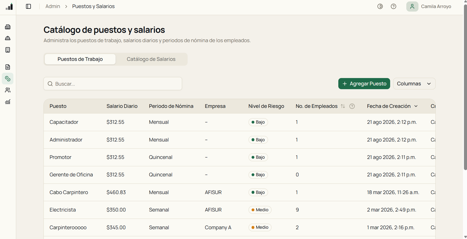 Configuración de puestos y salarios